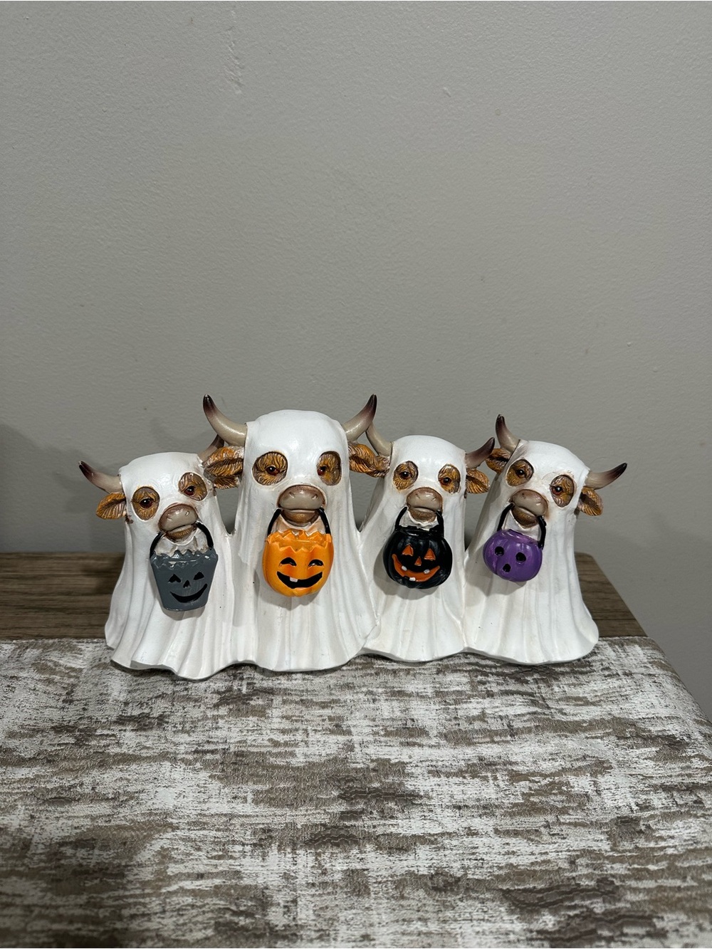 Ghost Cow Halloween Figurine with Pumpkin Buckets